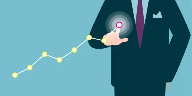 Vector illustration of Businessman touching or pointing growth profit point graph on virtual screen