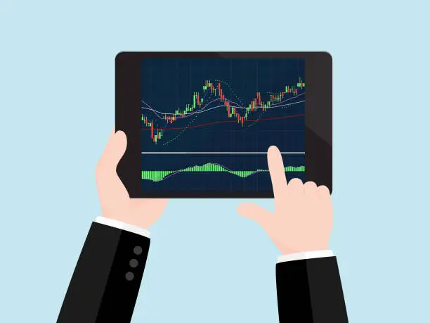 Vector illustration of Businessman's hand holding tablet with Candlestick Chart on screen, Online Stock Market Investment Trading