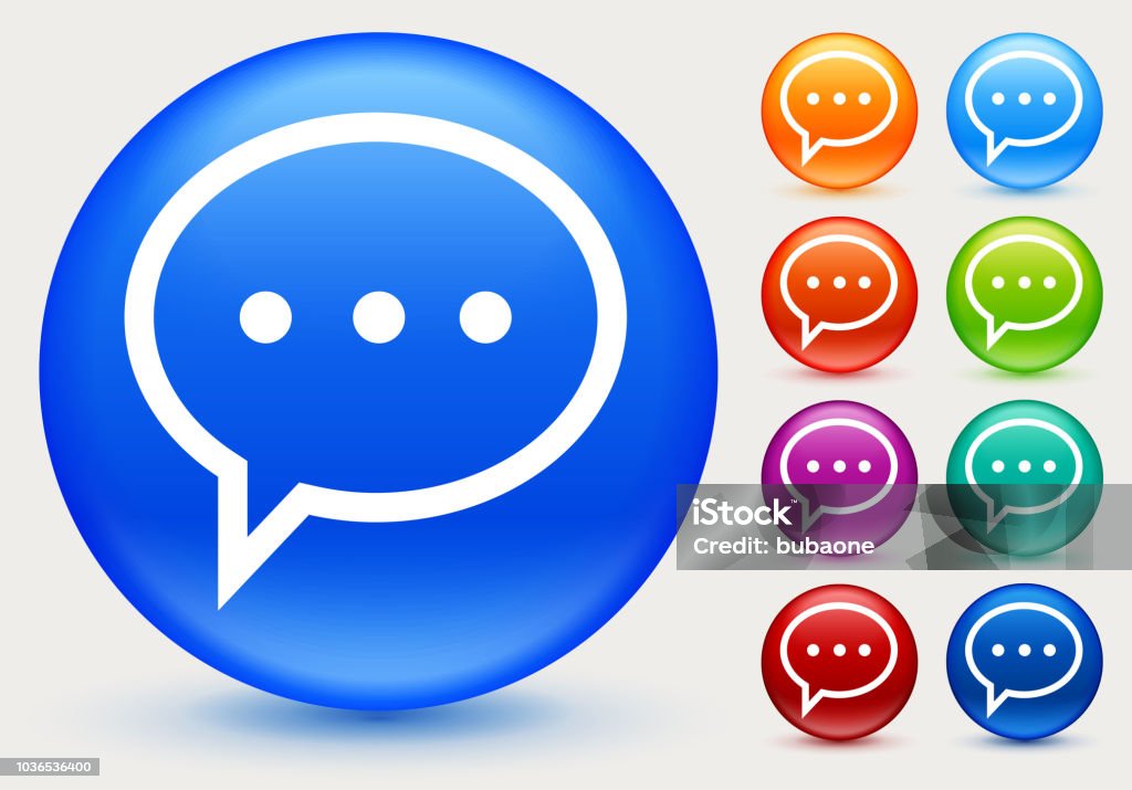 Chat Bubble Icon Chat Bubble Icon. The icon is white and is placed on a round blue vector button. The button has a sight shadow and the background is light. The composition is simple and elegant. The vector icon is the most prominent part if this illustration. There are eight alternate button variations on the right side of the image. The alternate colors are orange, red, purple, maroon, light blue, green, teal and indigo. Discussion stock vector