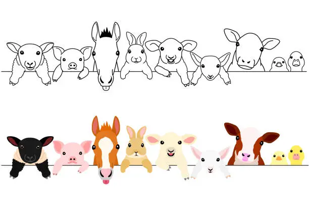 Vector illustration of cute farm animal babies border set