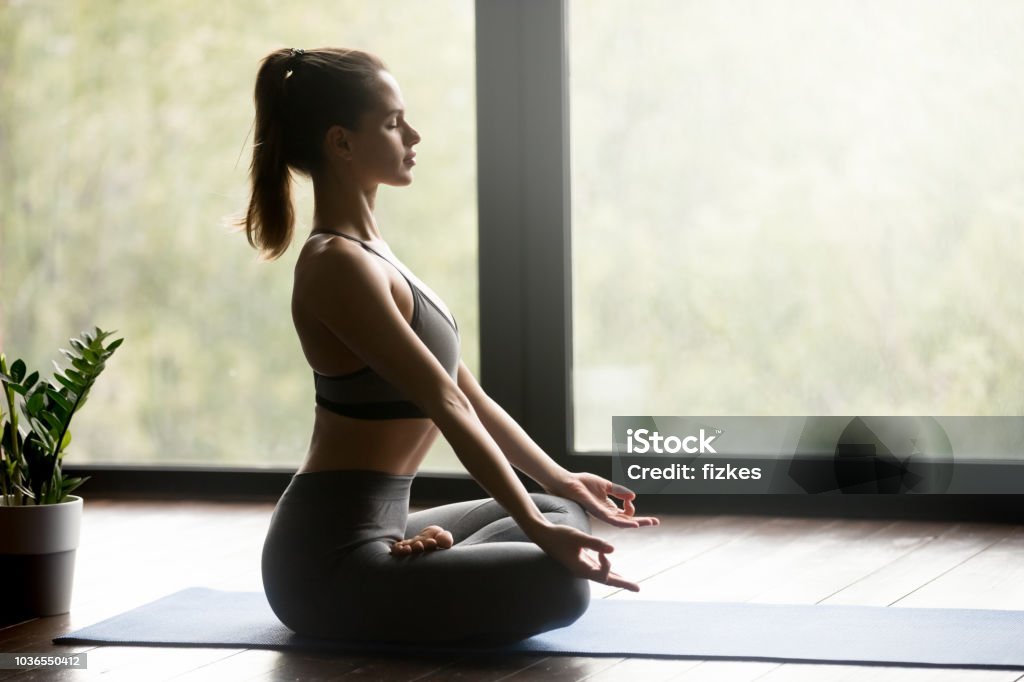 Young sporty woman in Half Lotus pose, side view Young sporty attractive woman practicing yoga, doing Ardha Padmasana exercise, Half Lotus pose with mudra, working out, wearing sportswear, grey pants, top, indoor full length, yoga studio, side view Yoga Stock Photo