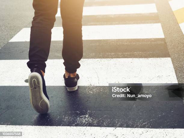 Close Up Feet Walking Safety Crosswalk On Road Walkway Safety Signs Symbol Stock Photo - Download Image Now