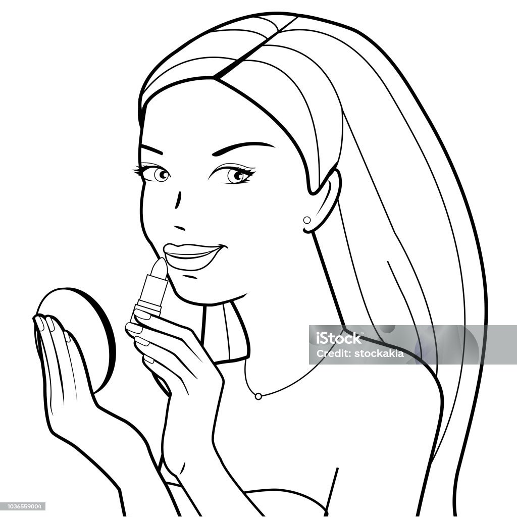 Woman applies lipstick. Black and white coloring book page A beautiful young woman putting on her lipstick. Vector black and white illustration Adult stock vector