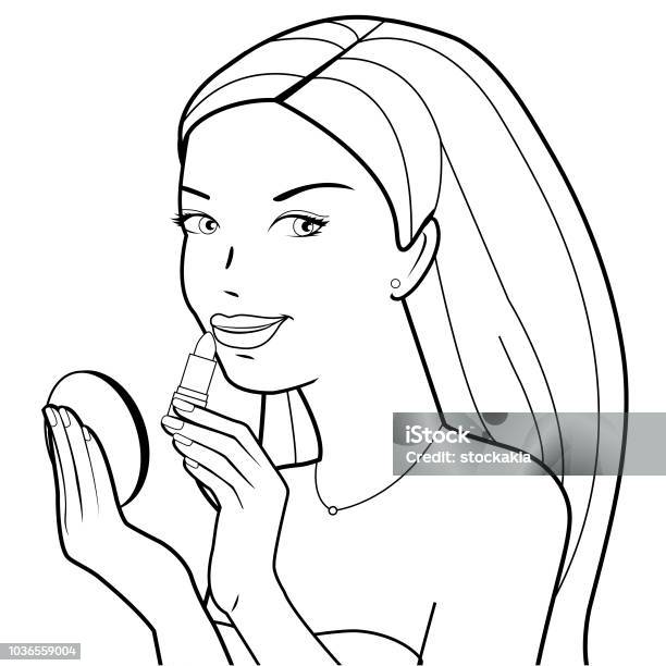 Woman Applies Lipstick Black And White Coloring Book Page Stock Illustration - Download Image Now