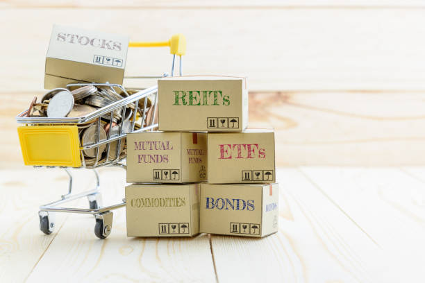 istock Long term sustainable and wealth management with risk diversification concept : Box printed with financial instrument / investment products i.e stocks, ETFs, bonds, REITs and coins in a shopping cart. 1036559064