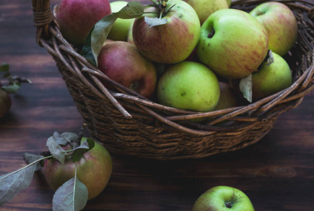 istock Red and green apples in basket on wooden table 1036562194