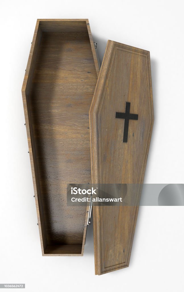 Coffin Open A slightly open empty wooden coffin with a metal crucifix and handles on an isolated white studio background - 3D Render Coffin Stock Photo