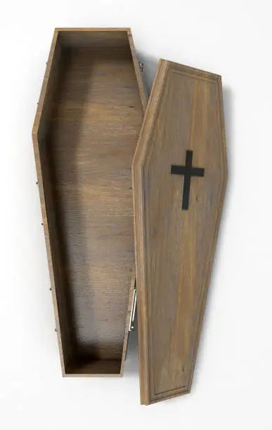 A slightly open empty wooden coffin with a metal crucifix and handles on an isolated white studio background - 3D Render