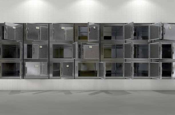 Mortuary Fridges A flat wall of randomly opened fridges in a clean white ward in a mortuary - 3D render morgue stock pictures, royalty-free photos & images
