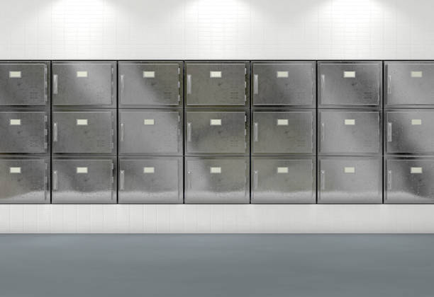 Mortuary Fridges A flat wall of shut fridges in a clean white ward in a mortuary - 3D render morgue stock pictures, royalty-free photos & images