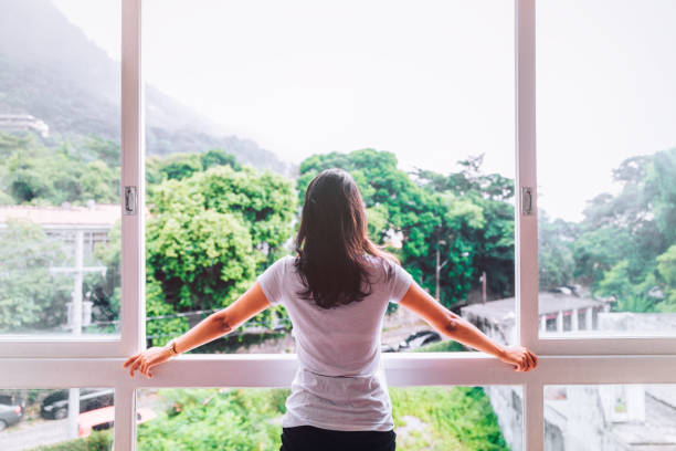 istock Young woman watching the view from her apartment window 1036567934