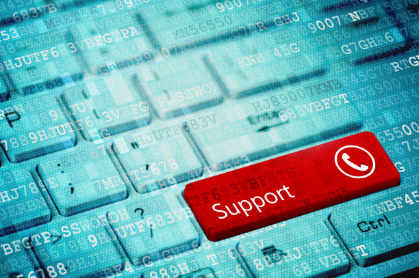istock Red key with text Support and phone icon on blue digital laptop keyboard 1036586292