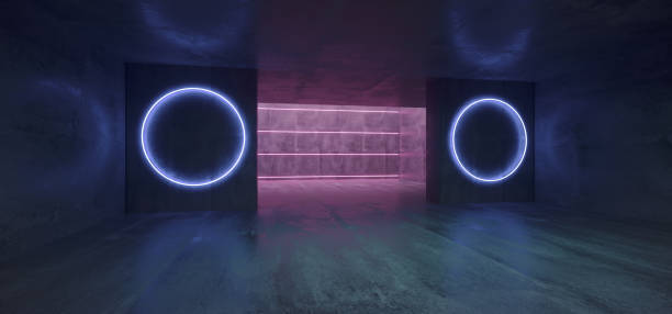 istock Futuristic Sci-FI Concrete Underground Gallery With Neon Tube Stripe Lights And Glowing Neon Circle Shapes Empty Space Wallpaper 3D Rendering 1036595076