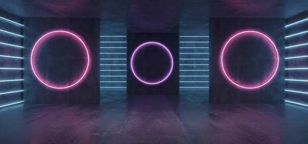 istock Futuristic Sci-FI Concrete Underground Gallery With Neon Tube Stripe Lights And Glowing Neon Circle Shapes Empty Space Wallpaper 3D Rendering 1036595666