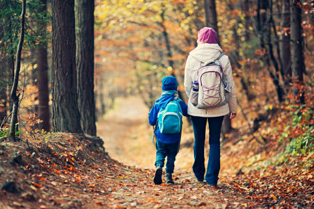istock Mother and son hiking in autumn forest 1036598406