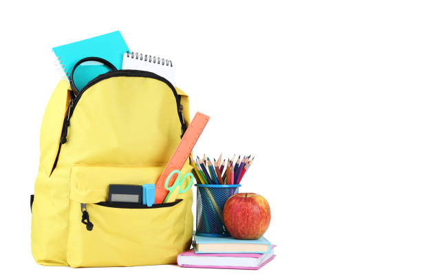 istock Yellow backpack with school supplies on white background 1036604036