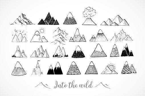 Set of hand drawn doodle sketch mountains on white background.