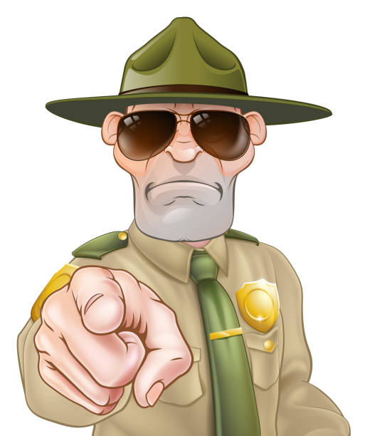 Pointing Park Ranger A serious looking park ranger or forest ranger pointing military camp stock illustrations