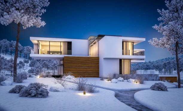 istock 3d rendering of modern house by the river in winter night 1036637134
