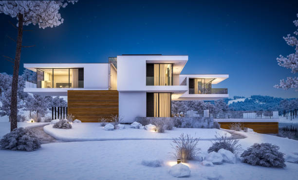 istock 3d rendering of modern house by the river in winter night 1036637220
