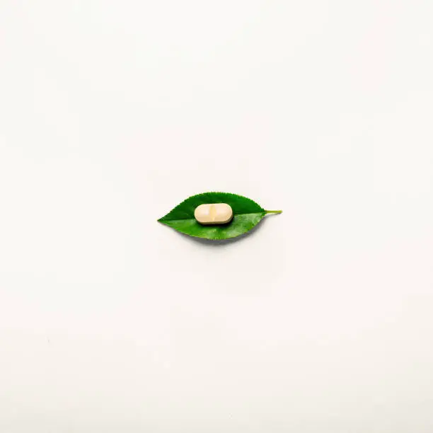 Photo of One vegetable supplement tablet on a green leaf. Light background, minimalism. The concept of alternative medicine