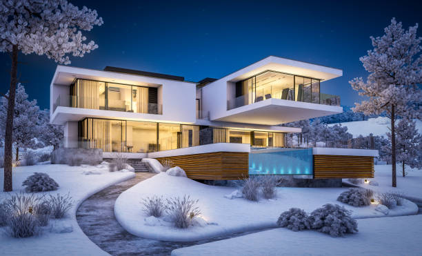 istock 3d rendering of modern house by the river in winter night 1036637346