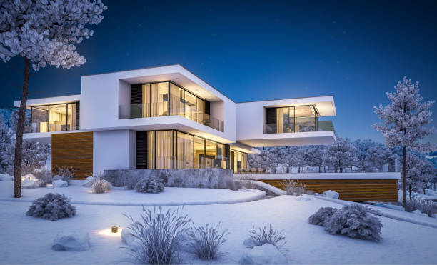 istock 3d rendering of modern house by the river in winter night 1036637462