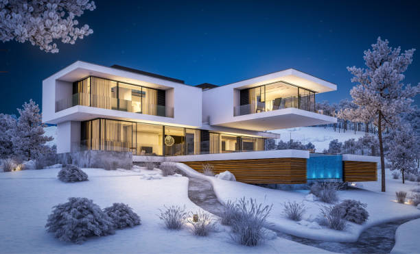 3d rendering of modern house by the river in winter night