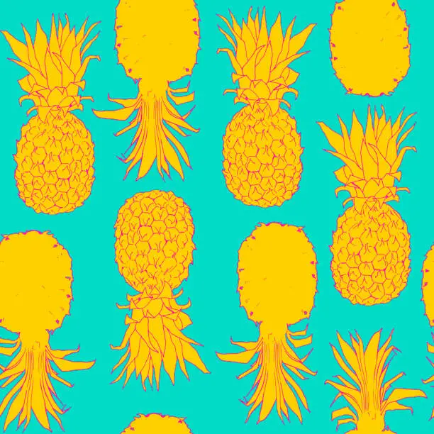 Vector illustration of seamless pattern yellow pineapple on turquoise background