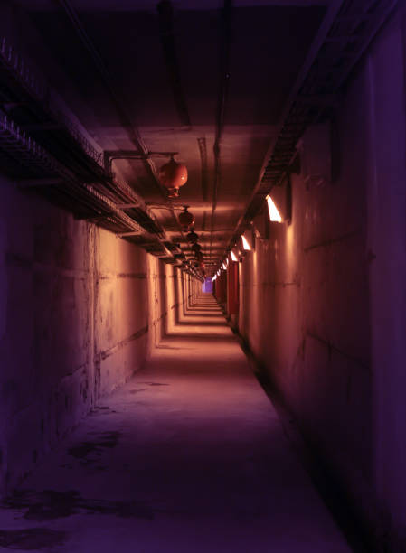 istock Psychedelic violet deep in underground tunnel with the door at the end. Colored industrial background. Emd. ergency lighting, row of fire extinguishers and cable telecommunication rack. 1036645672