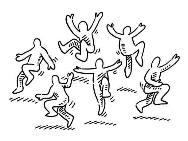 Happy Dancing Human Figures Drawing Hand-drawn vector drawing of a group of Happy Dancing Human Figures. Black-and-White sketch on a transparent background (.eps-file). Included files are EPS (v10) and Hi-Res JPG. happiness drawings stock illustrations