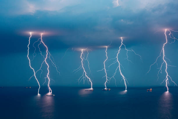 Multiple Lightning in The Sea stock photo