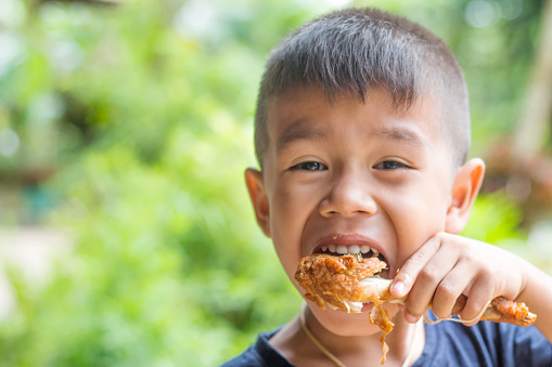 Asian boy Eating Chicken/child eating a chicken leg