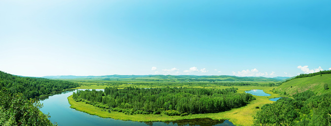 Panoramic grassland island scenery backround