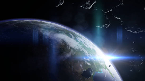istock a group of asteroids moving towards planet Earth 1036681574