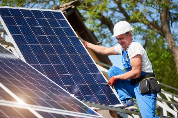 istock Stand-alone exterior solar panel system installation, renewable green energy generation concept. 1036688392
