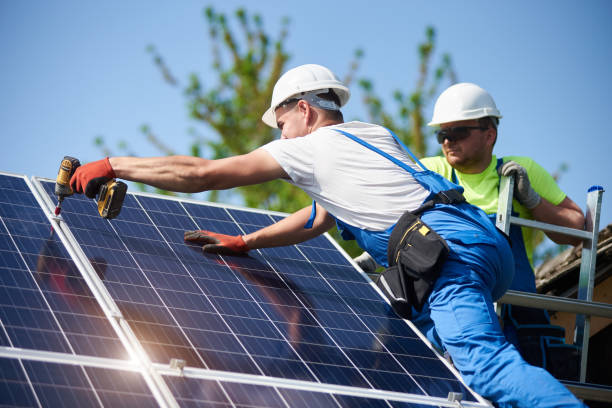 istock Stand-alone exterior solar panel system installation, renewable green energy generation concept. 1036688402