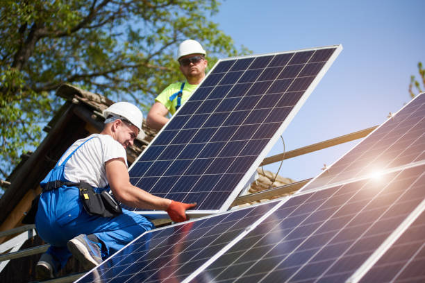 istock Stand-alone exterior solar panel system installation, renewable green energy generation concept. 1036688414