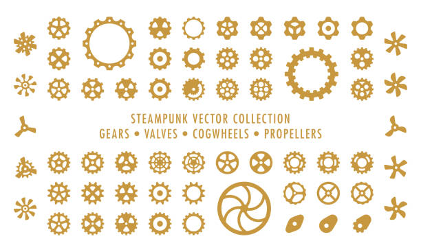 ilustraciones, imágenes clip art, dibujos animados e iconos de stock de colección steampunk aislado - engranajes, válvulas y hélices - steampunk