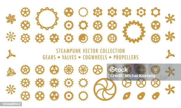 Steampunk Collection Isolated Gears Valves And Propellers Stock Illustration - Download Image Now
