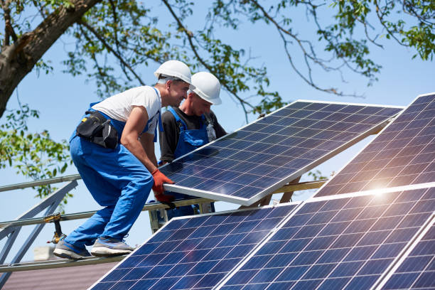 istock Stand-alone exterior solar panel system installation, renewable green energy generation concept. 1036688528