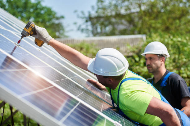 istock Stand-alone exterior solar panel system installation, renewable green energy generation concept. 1036688548