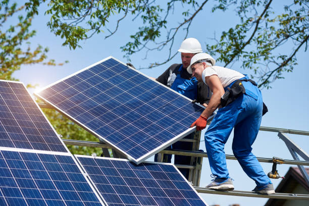 istock Stand-alone exterior solar panel system installation, renewable green energy generation concept. 1036688554