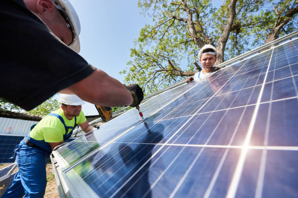 istock Stand-alone exterior solar panel system installation, renewable green energy generation concept. 1036688588