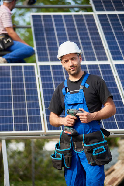 istock Stand-alone exterior solar panel system installation, renewable green energy generation concept. 1036689922