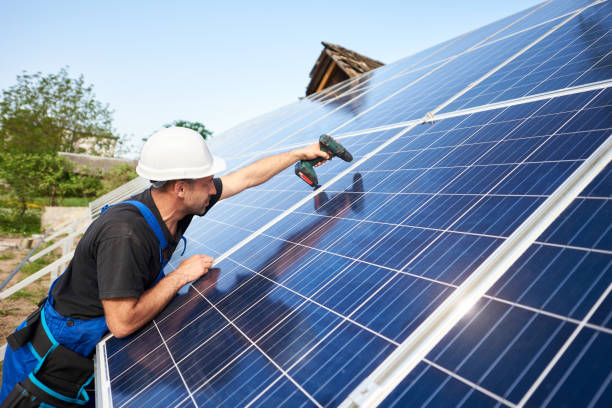 istock Stand-alone exterior solar panel system installation, renewable green energy generation concept. 1036690878