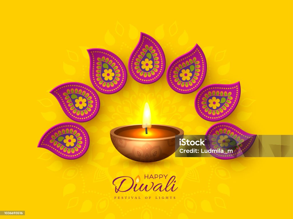 Diwali Festival Ferien-Design mit Papier schneiden Stil der indischen Rangoli und Diya - Öllampe. Lila Farbe auf gelbem Hintergrund, Vektor-Illustration. - Lizenzfrei Diwali Vektorgrafik