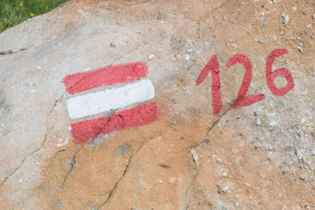 istock Red white red hiking trail marking in Austria 1036699478