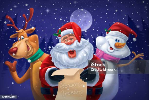 Santa Claus Reindeer Snowman Cheering Stock Illustration - Download Image Now - Christmas, Reindeer, Humor
