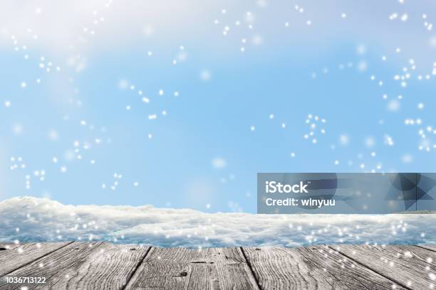 Wood In Front Of Winter Background Stock Photo - Download Image Now - Snow, Backgrounds, Deck